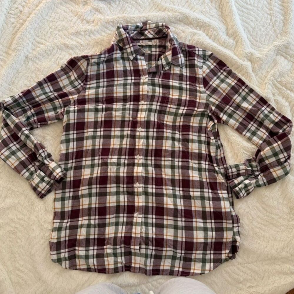 Barbour Women’s 100% Cotton Burgundy and Cream Plaid Button-Down Shirt Size US 8